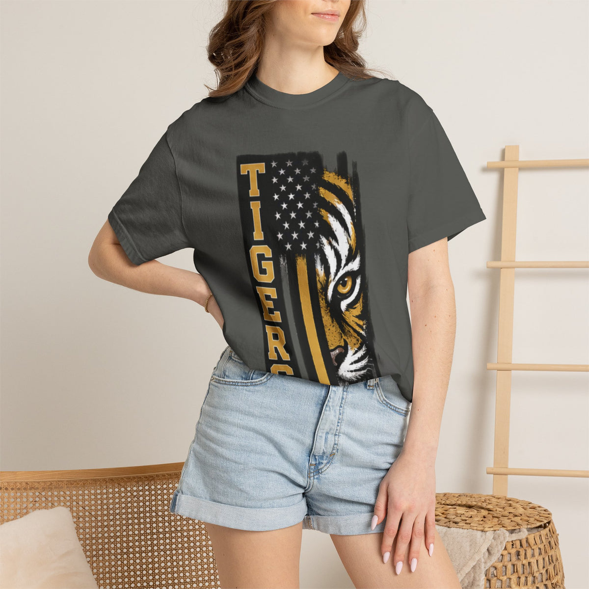 Tigers Flag T‑Shirt — Tiger Face with American Flag Stripe Graphic