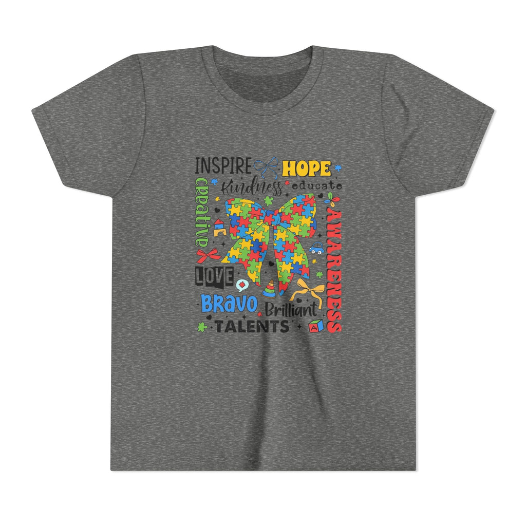 Youth Autism Awareness Tee — Colorful Puzzle Bow Design with Inspiring Words (Hope, Love, Inclusion)