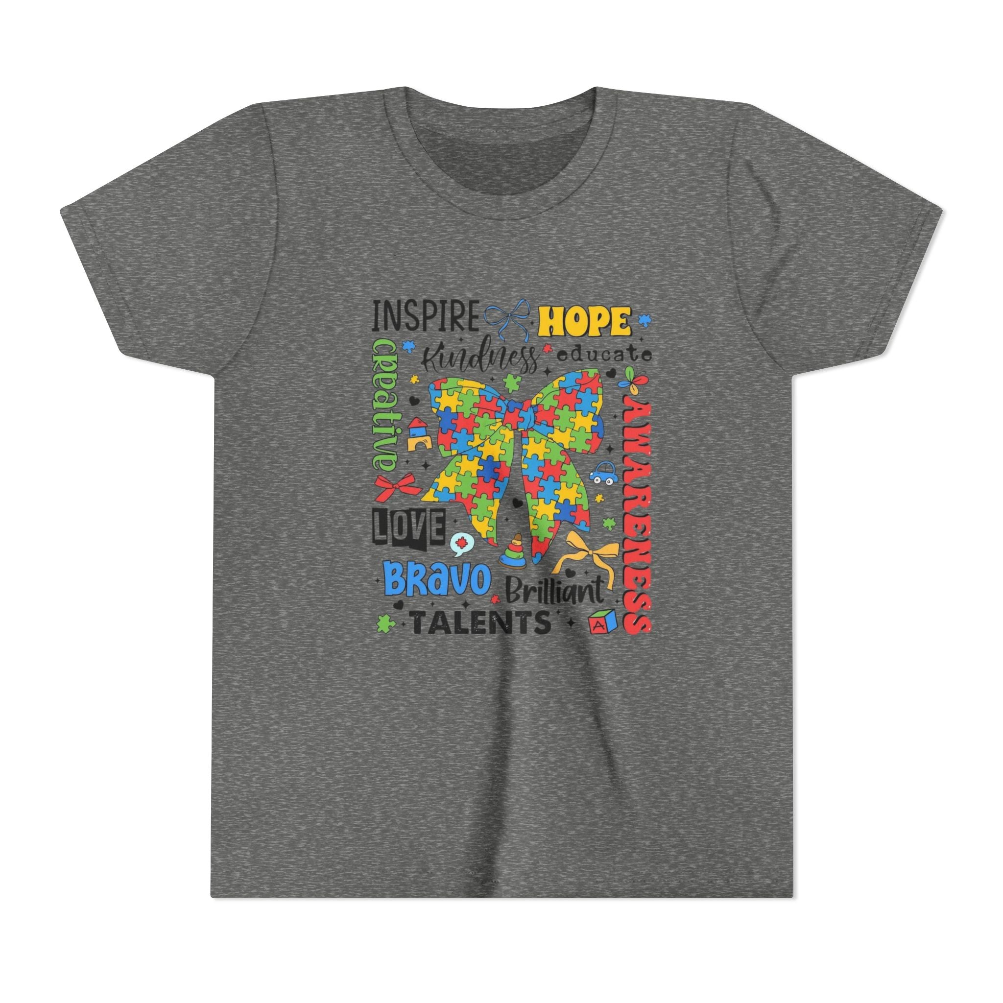 Youth Autism Awareness Tee — Colorful Puzzle Bow Design with Inspiring Words (Hope, Love, Inclusion)