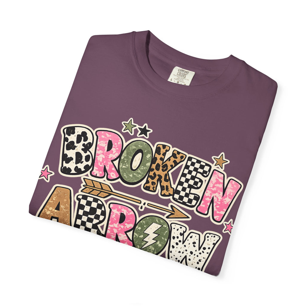 Broken Arrow Graphic T‑Shirt — Retro Patchwork Lettering Tee