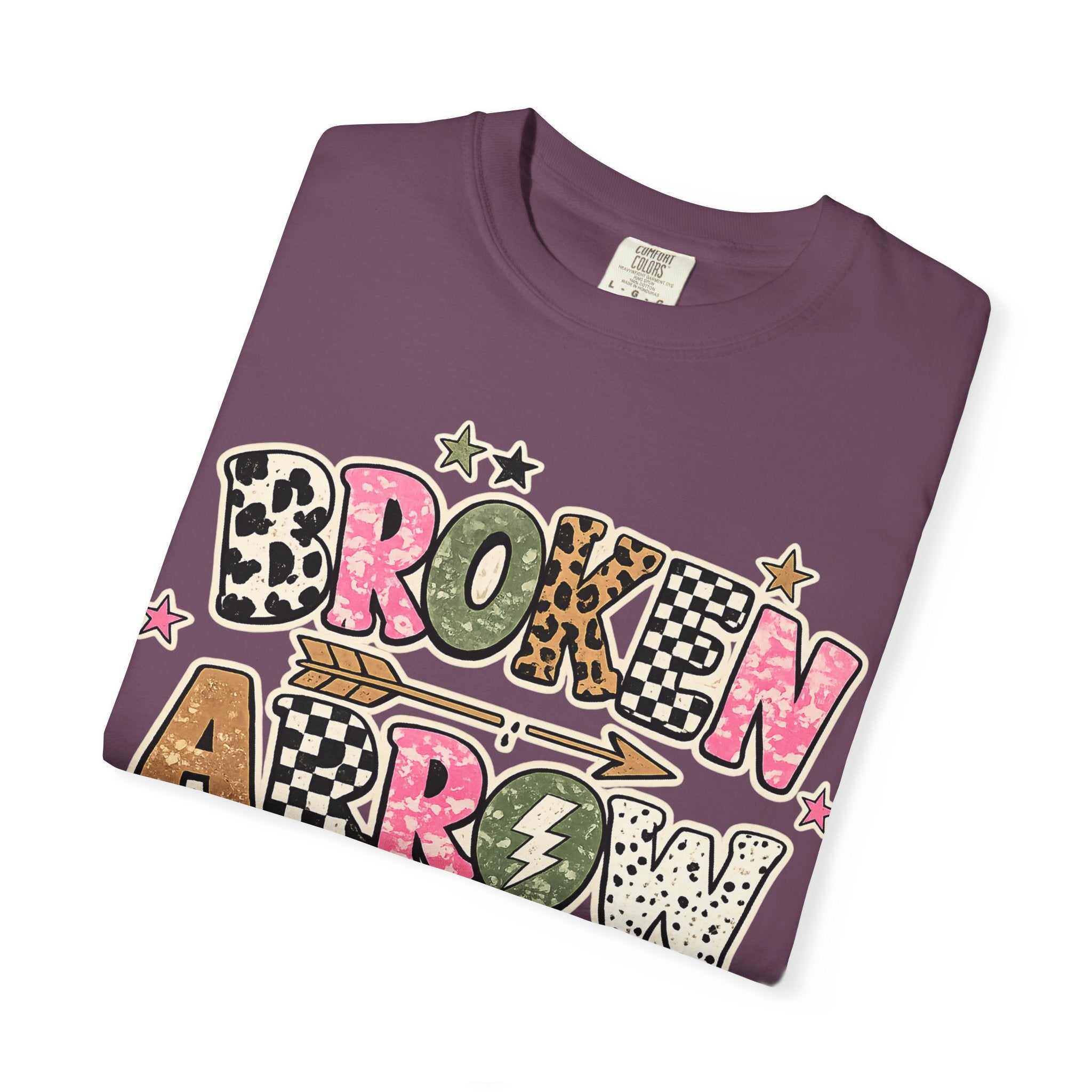 Broken Arrow Graphic T‑Shirt — Retro Patchwork Lettering Tee