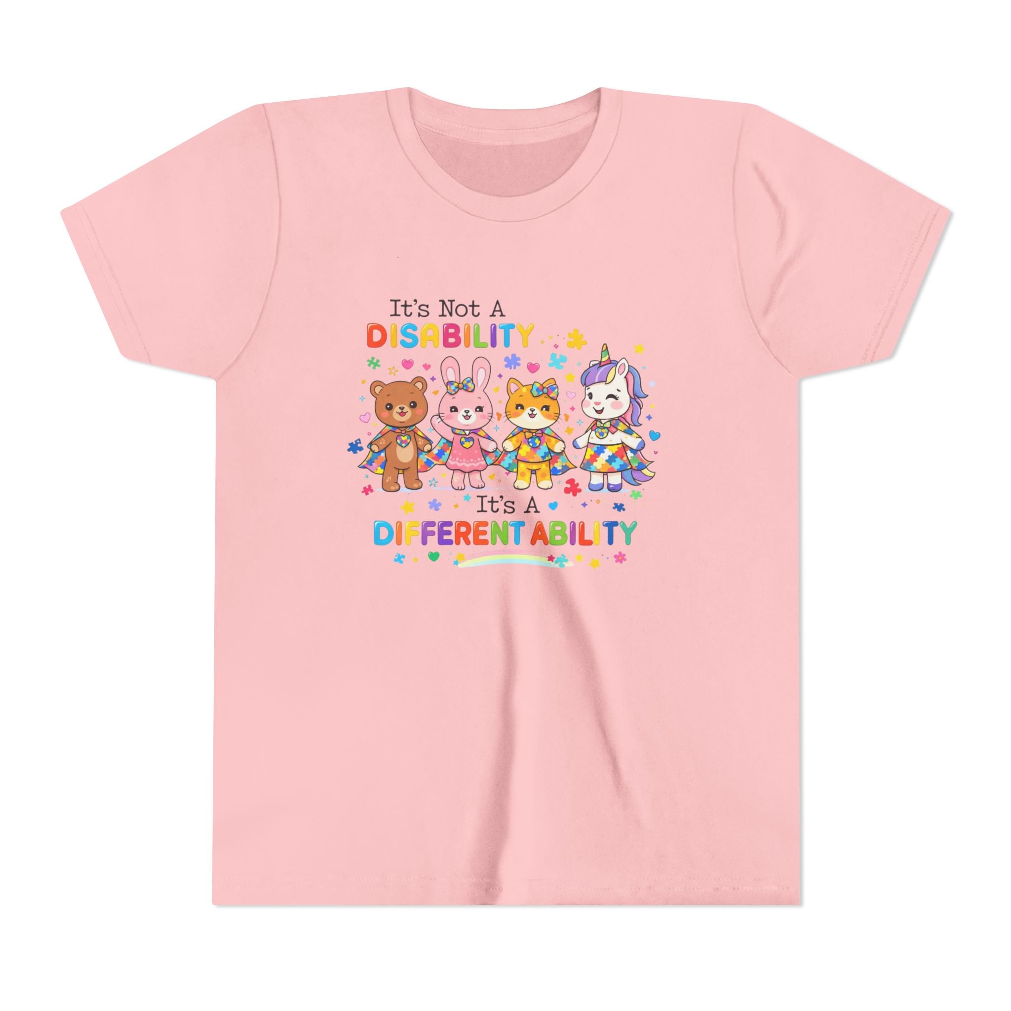 Youth Tee - "It's Not a Disability, It's a Different Ability" Rainbow Animals Autism Awareness Shirt