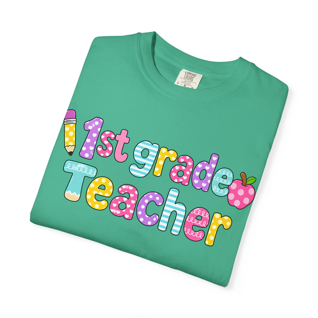1st Grade Teacher T-Shirt — "Big Hearts Shape Little Minds" Colorful School Teacher Tee