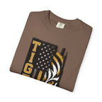 Tigers Flag T‑Shirt — Tiger Face with American Flag Stripe Graphic