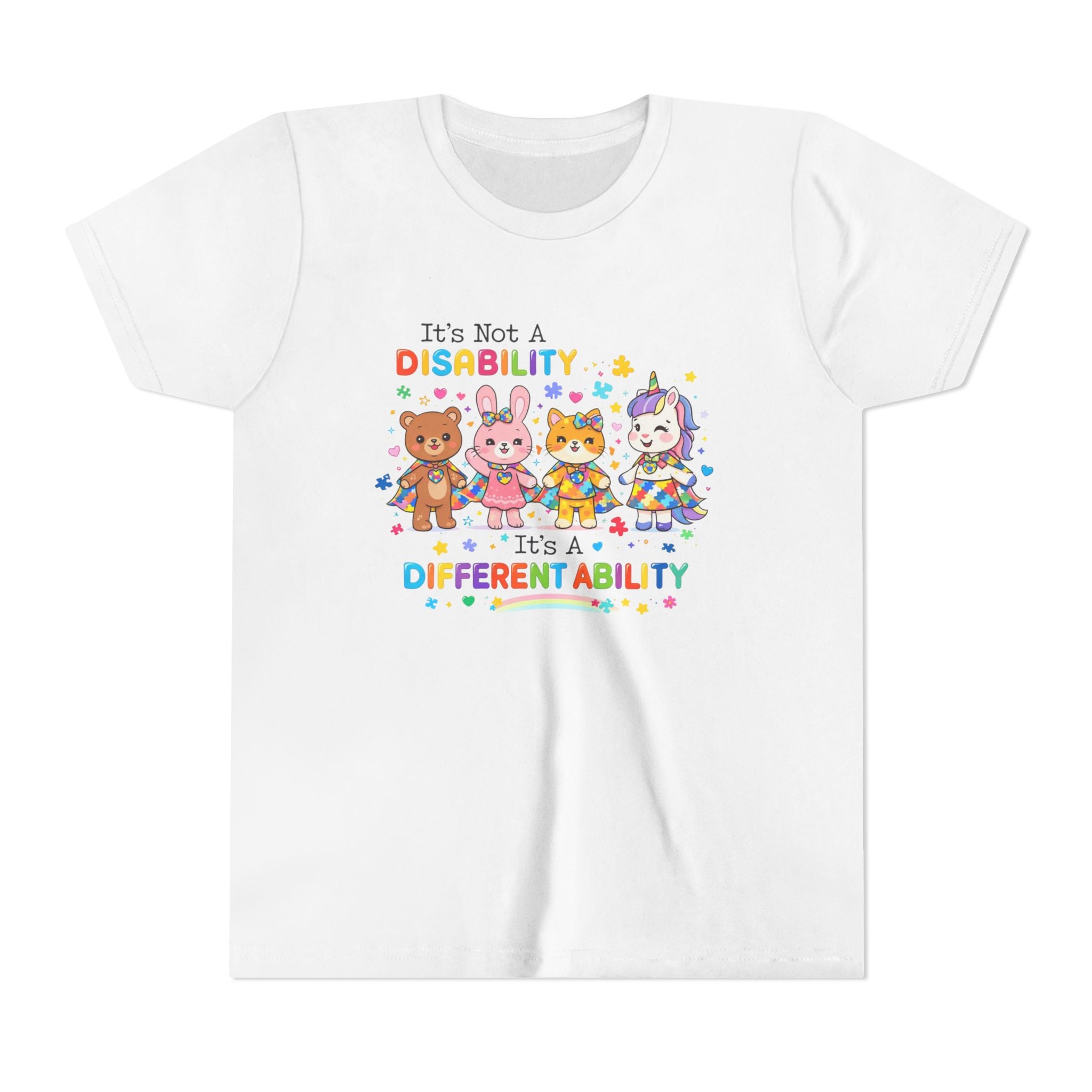 Youth Tee - "It's Not a Disability, It's a Different Ability" Rainbow Animals Autism Awareness Shirt