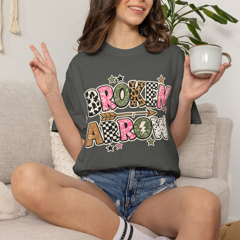 Broken Arrow Graphic T‑Shirt — Retro Patchwork Lettering Tee
