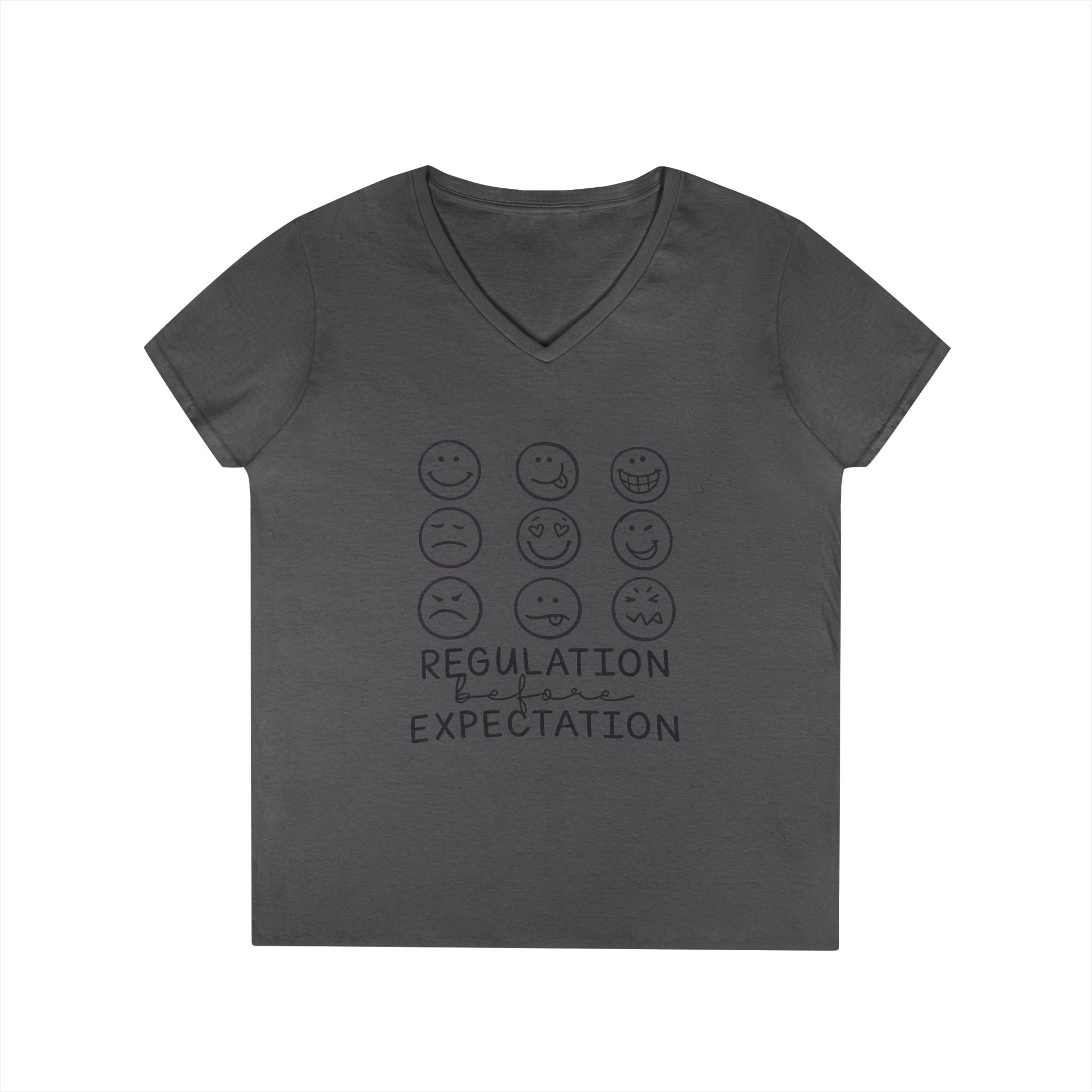 Emotion Faces V-Neck T-Shirt — "Regulation Not Expectation" Mental Health Tee