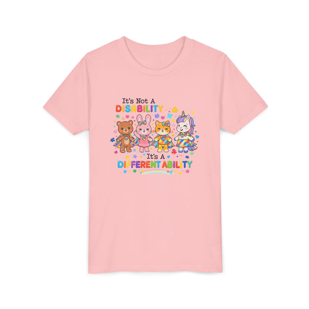 Youth Tee - "It's Not a Disability, It's a Different Ability" Rainbow Animals Autism Awareness Shirt