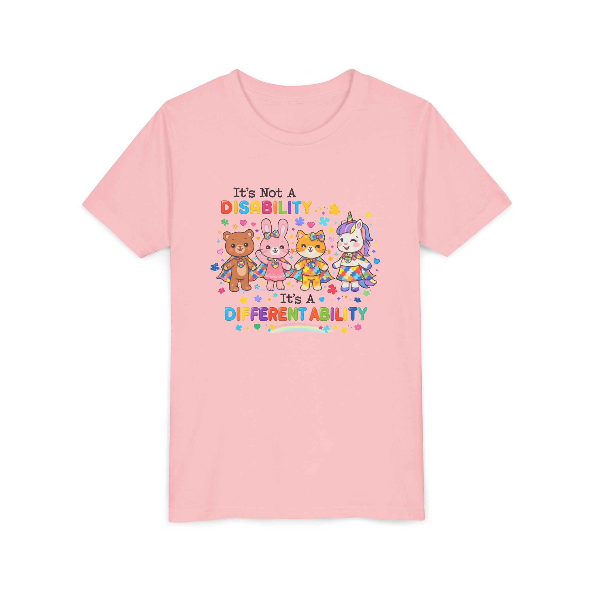 Youth Tee - "It's Not a Disability, It's a Different Ability" Rainbow Animals Autism Awareness Shirt