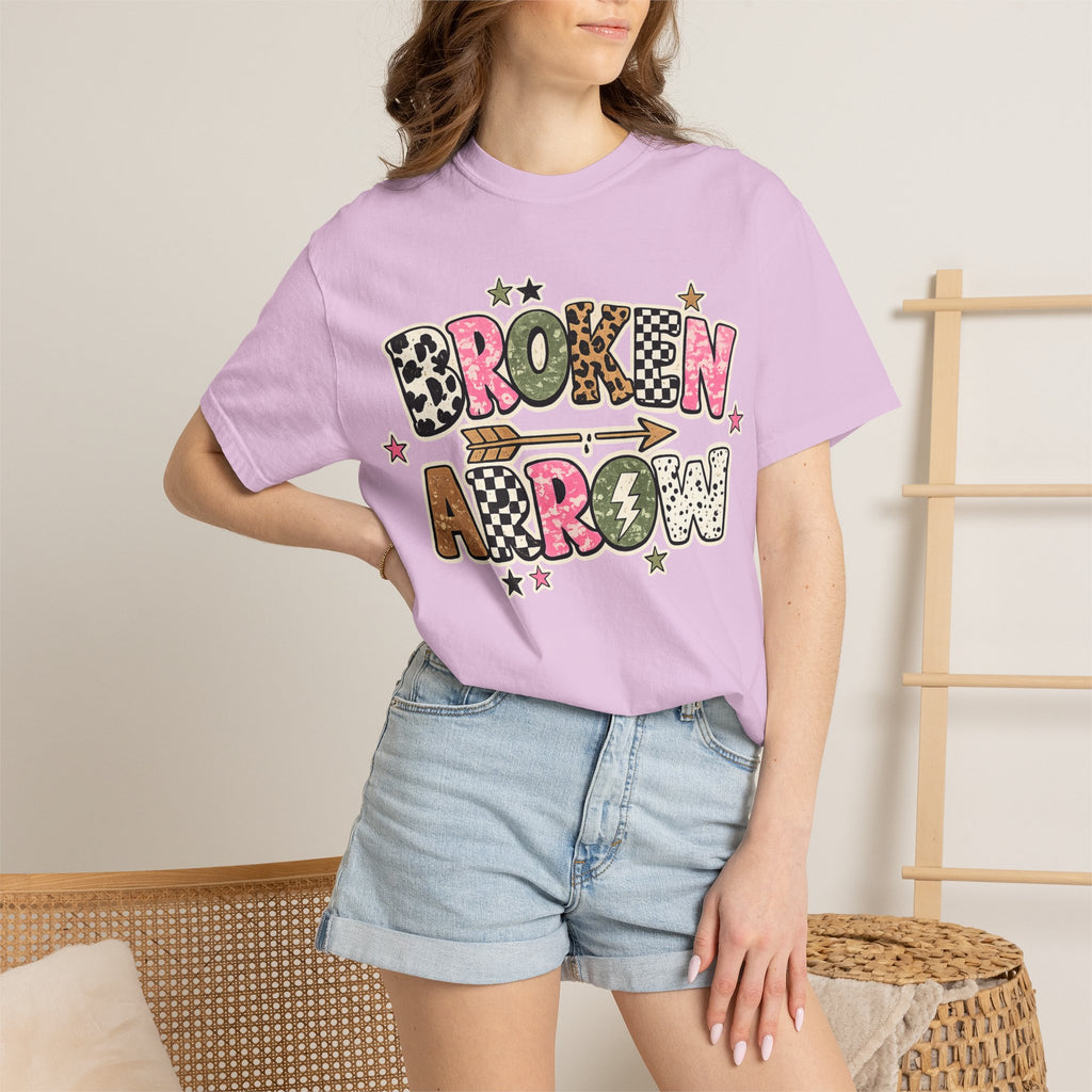 Broken Arrow Graphic T‑Shirt — Retro Patchwork Lettering Tee