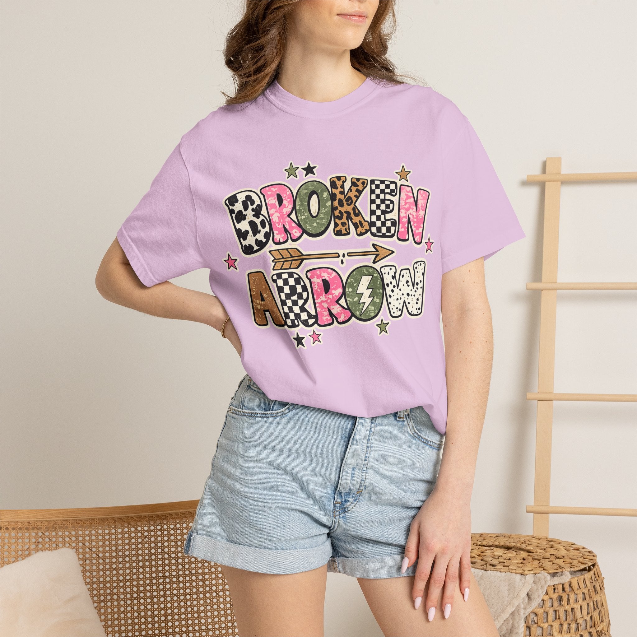 Broken Arrow Graphic T‑Shirt — Retro Patchwork Lettering Tee