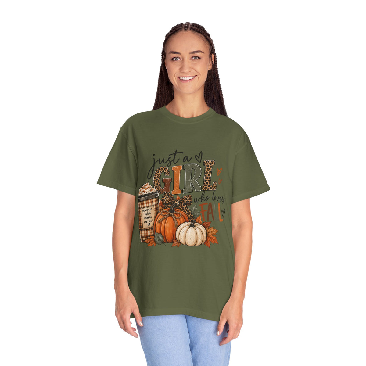 Fall Graphic T-Shirt — "Just a Girl Who Loves Fall" Pumpkin & Coffee Tee