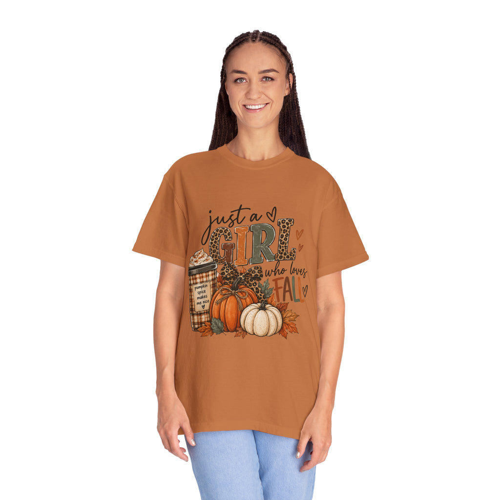 Fall Graphic T-Shirt — "Just a Girl Who Loves Fall" Pumpkin & Coffee Tee