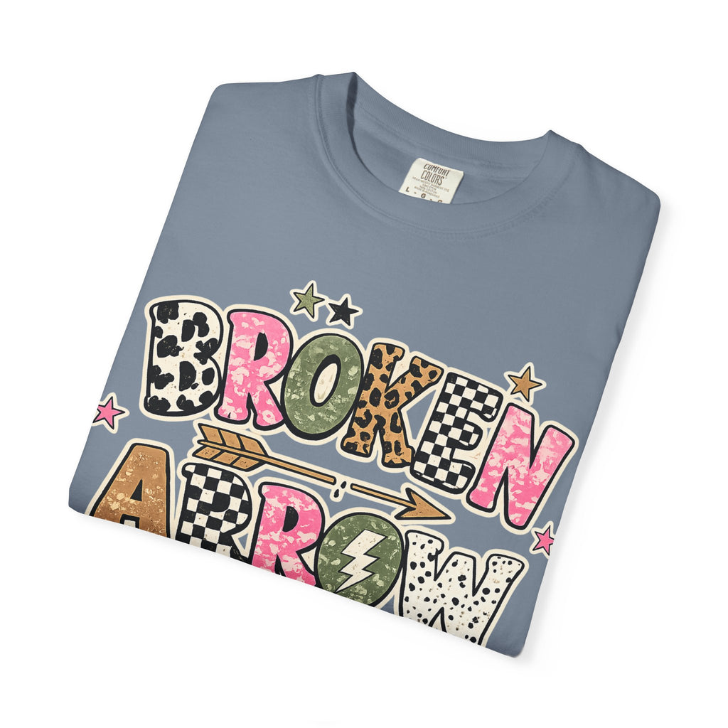 Broken Arrow Graphic T‑Shirt — Retro Patchwork Lettering Tee