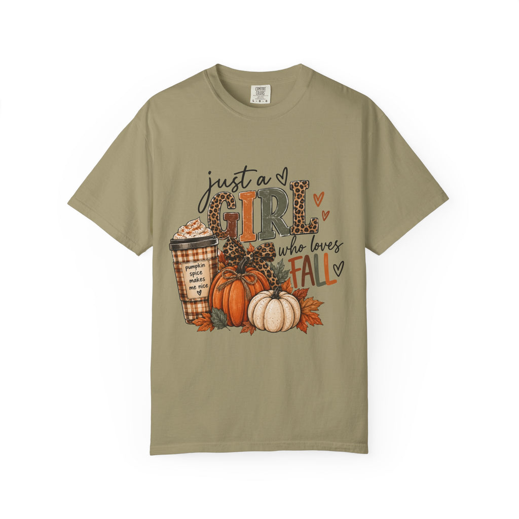 Fall Graphic T-Shirt — "Just a Girl Who Loves Fall" Pumpkin & Coffee Tee