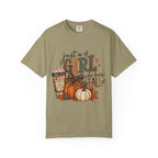 Fall Graphic T-Shirt — "Just a Girl Who Loves Fall" Pumpkin & Coffee Tee