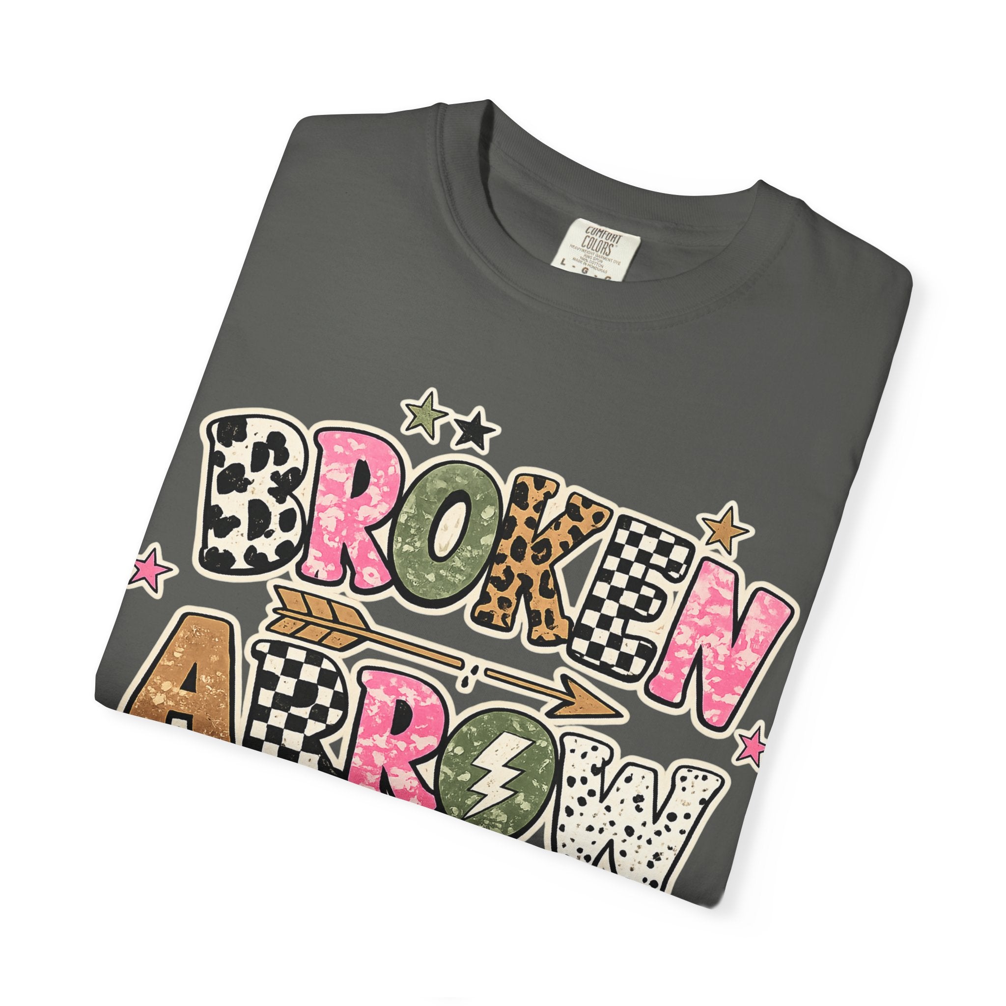 Broken Arrow Graphic T‑Shirt — Retro Patchwork Lettering Tee