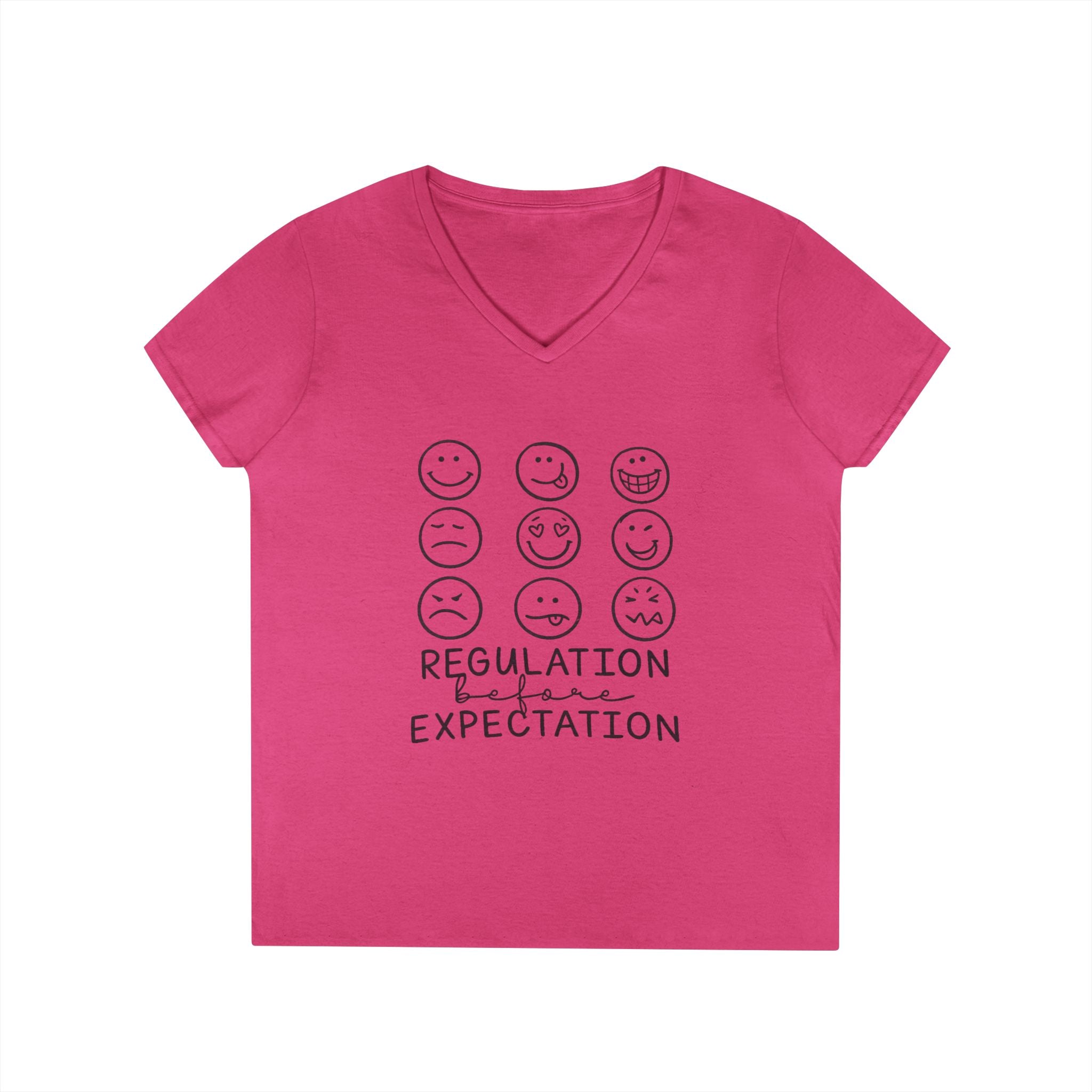 Emotion Faces V-Neck T-Shirt — "Regulation Not Expectation" Mental Health Tee