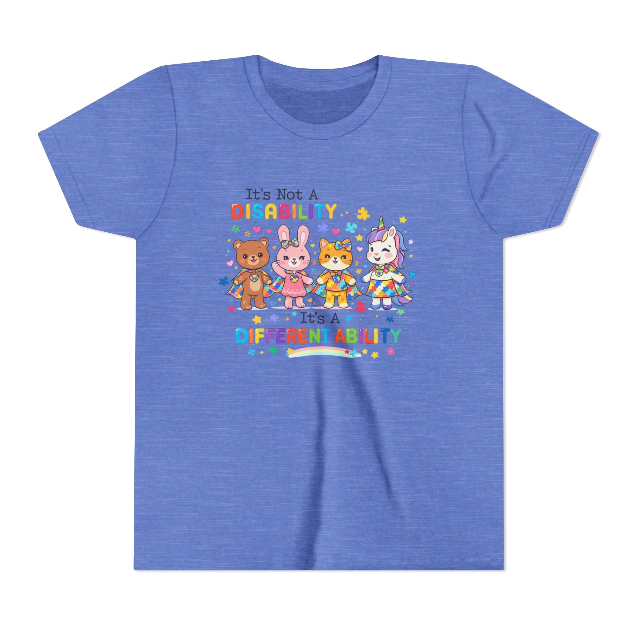 Youth Tee - "It's Not a Disability, It's a Different Ability" Rainbow Animals Autism Awareness Shirt