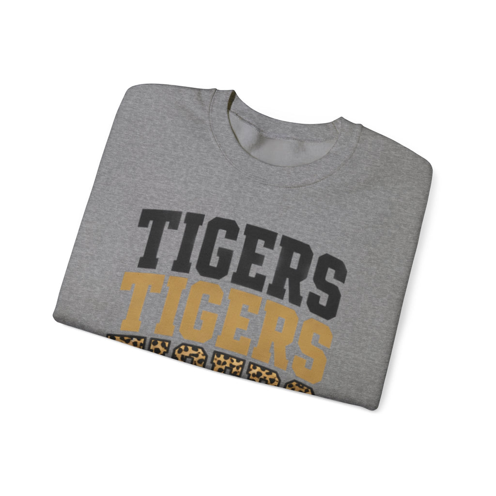 Tigers Repeat Crewneck Sweatshirt — Leopard Accent School Spirit Tee