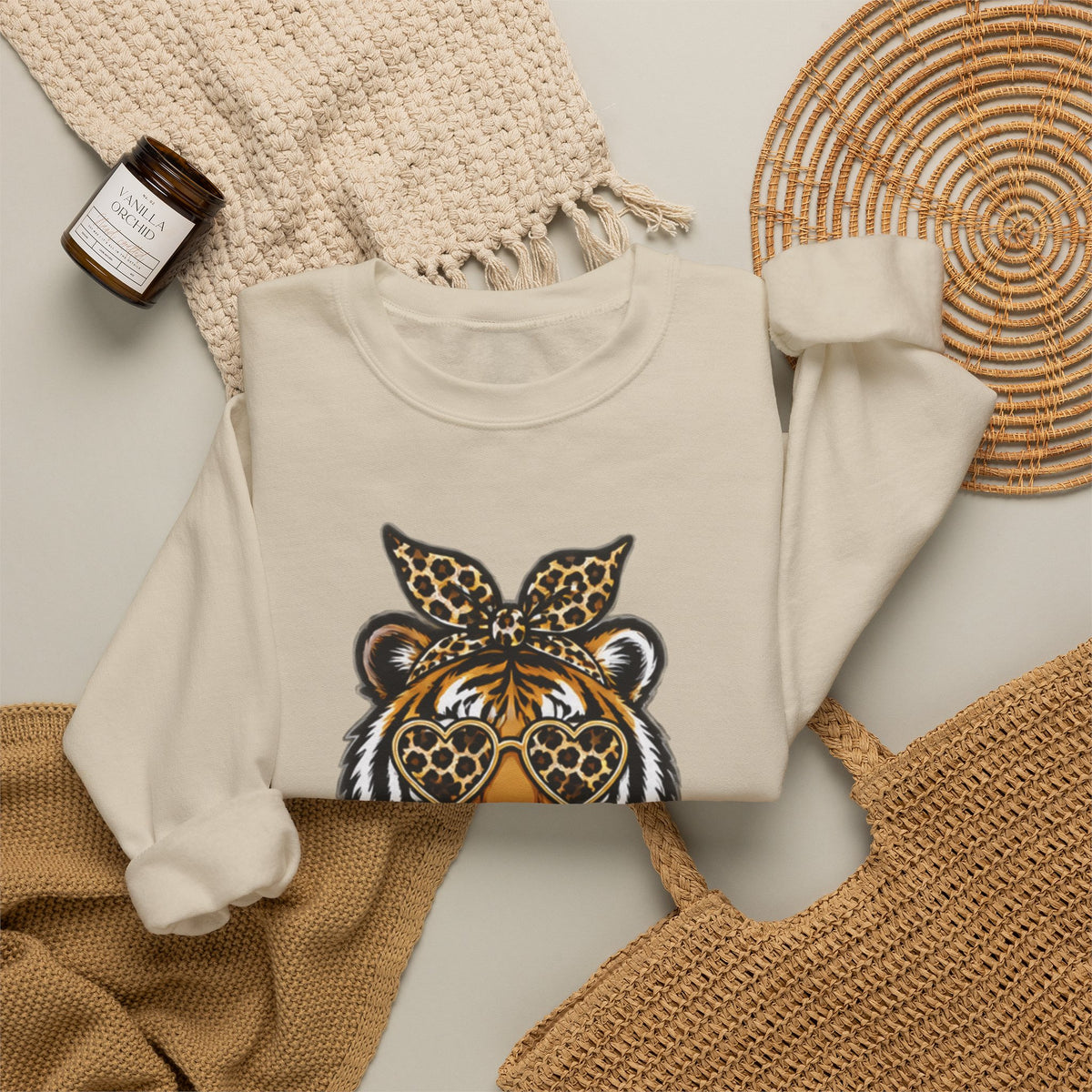 Tiger Mascot Crewneck Sweatshirt — Leopard Bandana Tiger Graphic